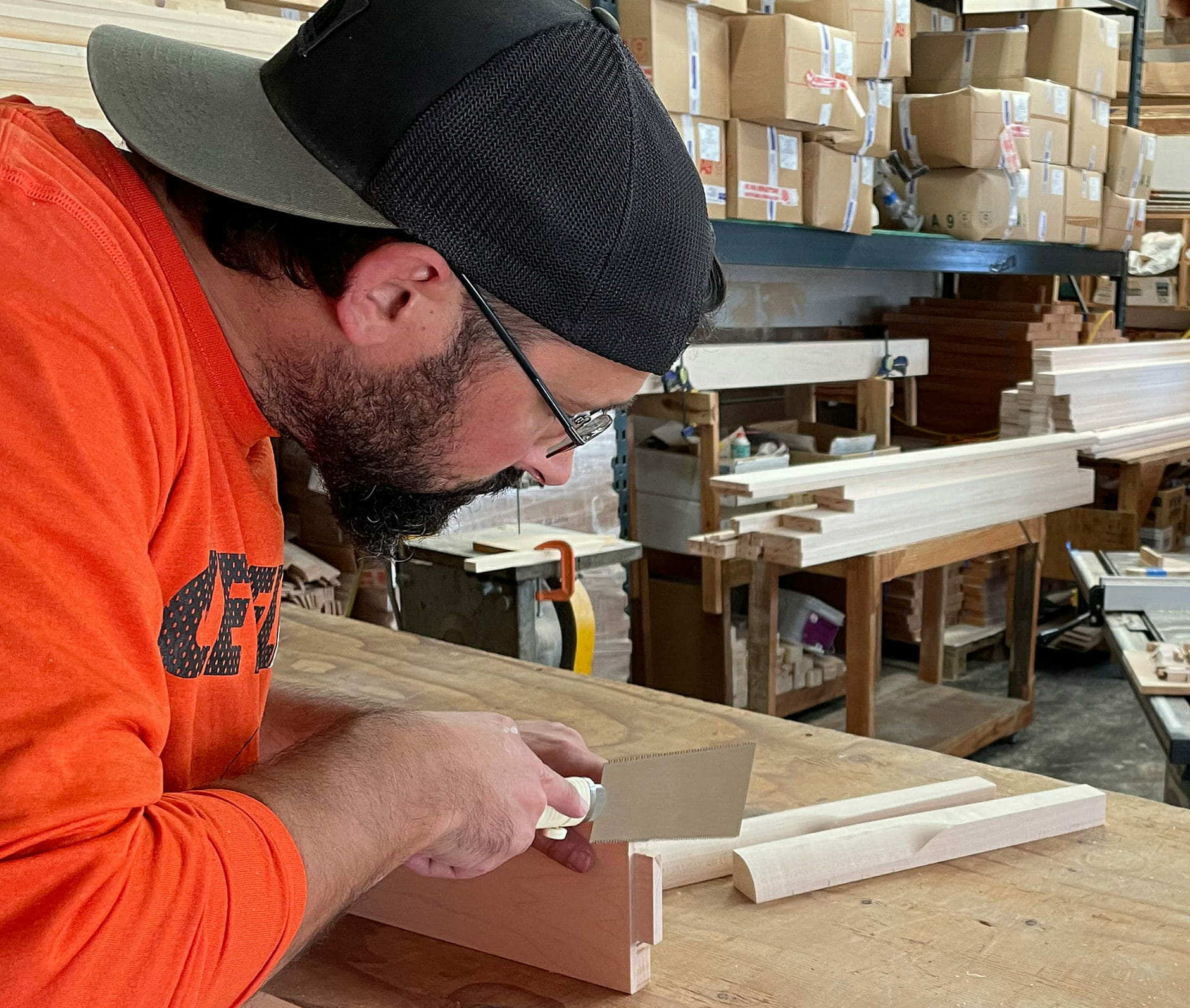 Marshall-Woodshop Marshall working on tenon for mortise joint